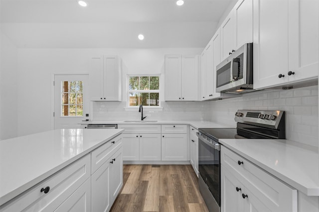 1612 Cheyenne Trl, Granbury, TX 76048 - kitchen featuring stainless steel appliances, a sink, recessed lighting, light countertops, and white cabinetry
