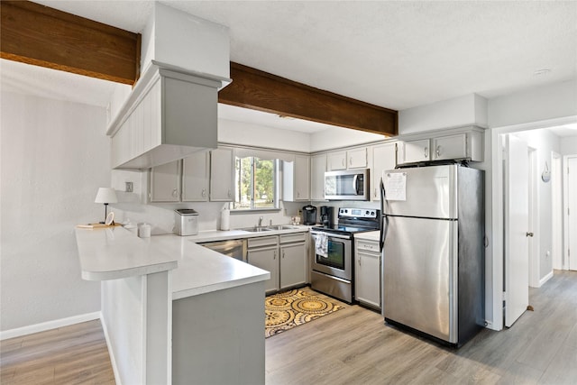107 Nob Hill Cir, Malakoff, TX 75148 - kitchen with appliances with stainless steel finishes, a peninsula, gray cabinetry, a sink, and light wood-type flooring