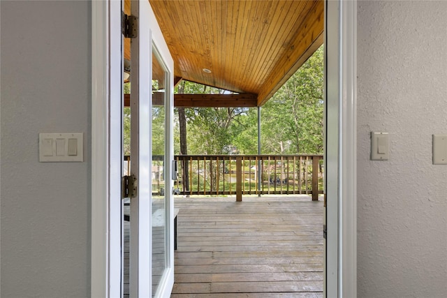 107 Nob Hill Cir, Malakoff, TX 75148 - entryway with a textured wall, wooden ceiling, lofted ceiling, wood-type flooring, and floor to ceiling windows