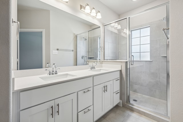 2929 Galveston St, Plano, TX 75075 - bathroom featuring a stall shower, tile patterned floors, and double vanity