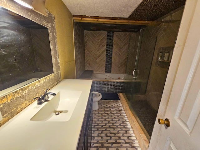 2404 Handley Dr, Fort Worth, TX 76112 - bathroom featuring a stall shower, toilet, vanity, and tile patterned floors