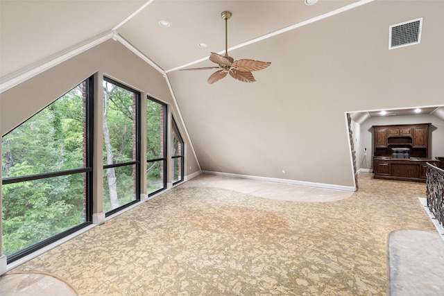 1201 Tralee Ln, Garland, TX 75044 - unfurnished living room with ceiling fan, baseboards, high vaulted ceiling, and recessed lighting