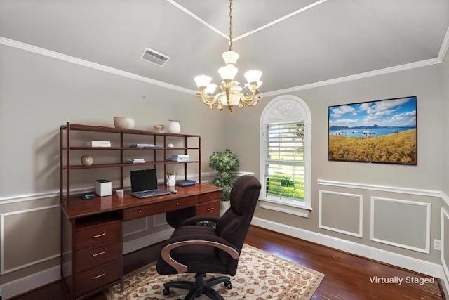 1201 Tralee Ln, Garland, TX 75044 - office space with ornamental molding, a chandelier, wood finished floors, and baseboards