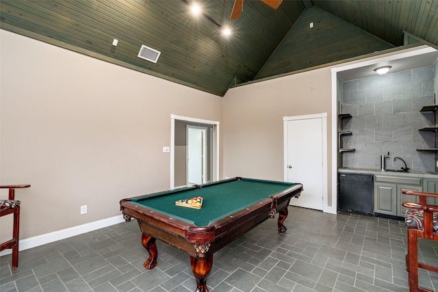 1201 Tralee Ln, Garland, TX 75044 - recreation room featuring high vaulted ceiling, wood ceiling, pool table, baseboards, and bar with sink