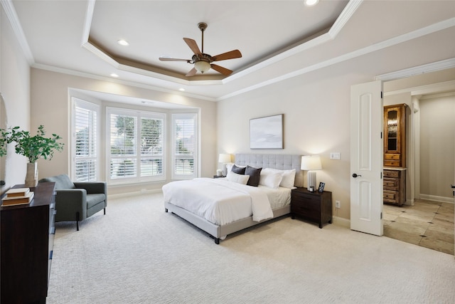 3316 Fairway Dr, Denton, TX 76226 - bedroom with a tray ceiling, light carpet, recessed lighting, baseboards, and crown molding