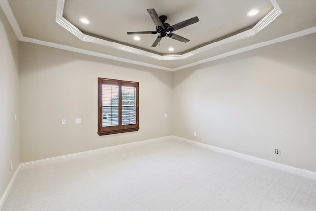 3316 Fairway Dr, Denton, TX 76226 - empty room with a raised ceiling, crown molding, a ceiling fan, light carpet, and recessed lighting
