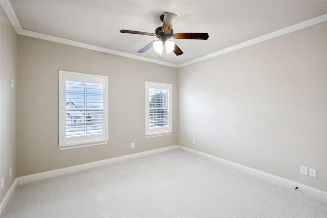 3316 Fairway Dr, Denton, TX 76226 - empty room featuring light colored carpet, ornamental molding, baseboards, and a ceiling fan