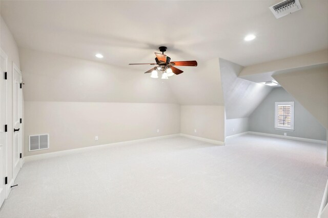 3316 Fairway Dr, Denton, TX 76226 - additional living space featuring recessed lighting, vaulted ceiling, light carpet, baseboards, and a ceiling fan