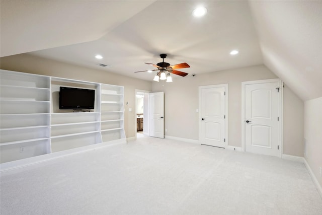 3316 Fairway Dr, Denton, TX 76226 - unfurnished bedroom featuring carpet flooring, recessed lighting, baseboards, vaulted ceiling, and ceiling fan