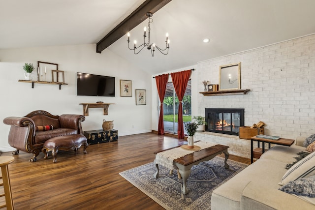 325 Apache Trl, Keller, TX 76248 - living area featuring wood finished floors, a chandelier, baseboards, a brick fireplace, and brick wall