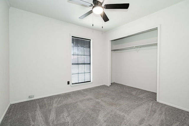 9406 Shipman St, Rowlett, TX 75088 - unfurnished bedroom with carpet flooring, baseboards, ornamental molding, a closet, and a ceiling fan