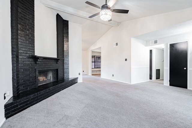 9406 Shipman St, Rowlett, TX 75088 - unfurnished living room with a fireplace, a ceiling fan, carpet flooring, baseboards, and crown molding