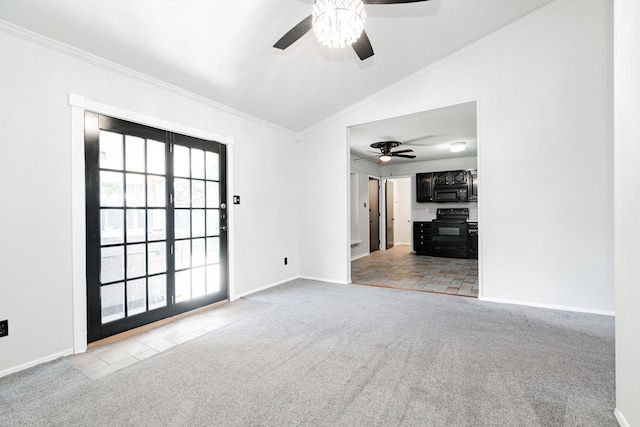 9406 Shipman St, Rowlett, TX 75088 - unfurnished living room with a ceiling fan, light colored carpet, baseboards, vaulted ceiling, and crown molding