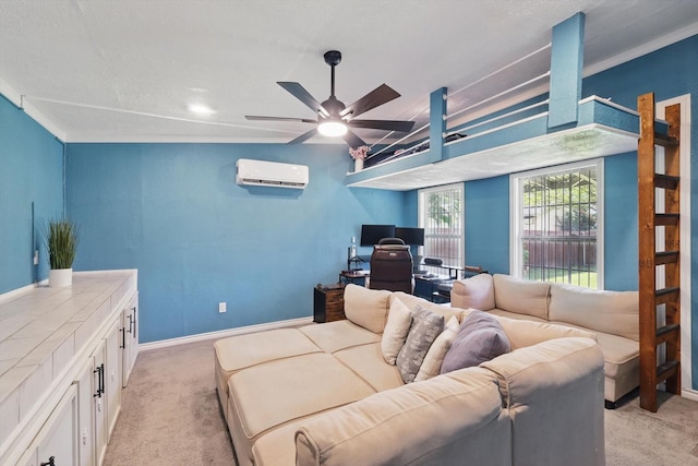 7348 Pensacola Ave, Fort Worth, TX 76116 - living area featuring an AC wall unit, an office area, light colored carpet, and ceiling fan