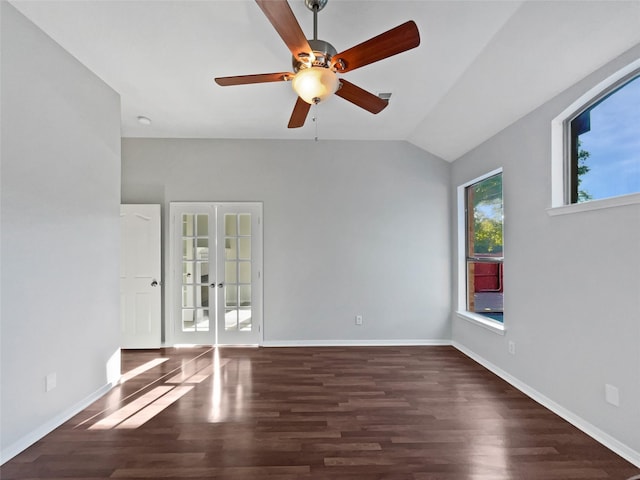6400 Hawthorn Dr, Denton, TX 76208 - spare room featuring french doors, wood finished floors, ceiling fan, baseboards, and vaulted ceiling