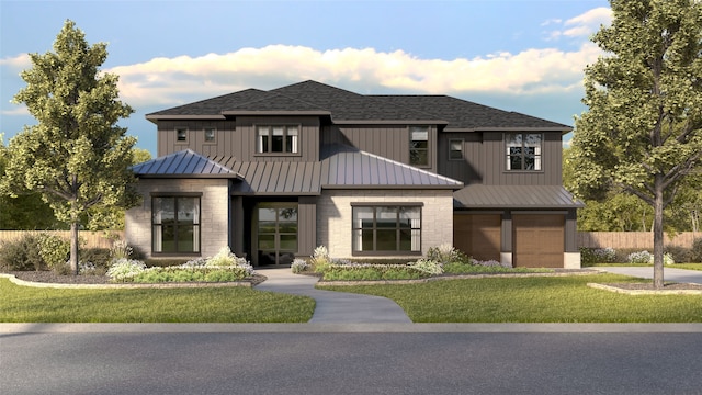 14626 Southern Pines Dr, Farmers Branch, TX 75234 - modern inspired farmhouse with a standing seam roof, a garage, metal roof, roof with shingles, and board and batten siding