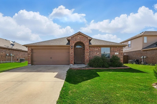 309 Pimlico Way, Ponder, TX 76259 - view of front of home featuring brick siding, concrete driveway, an attached garage, a front lawn, and central air condition unit