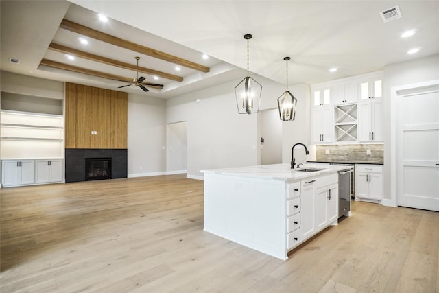 3621 Barber Crk, Fort Worth, TX 76244 - kitchen featuring a sink, backsplash, beam ceiling, white cabinets, and recessed lighting