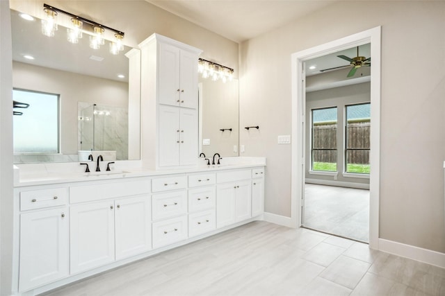 3621 Barber Crk, Fort Worth, TX 76244 - full bathroom featuring double vanity, a shower with shower door, baseboards, a ceiling fan, and recessed lighting