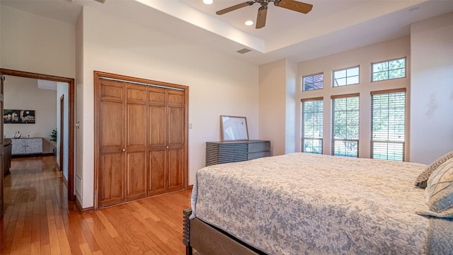 1905 Yucatan Dr, Granbury, TX 76048 - bedroom featuring a high ceiling, light wood-style floors, recessed lighting, a closet, and a ceiling fan