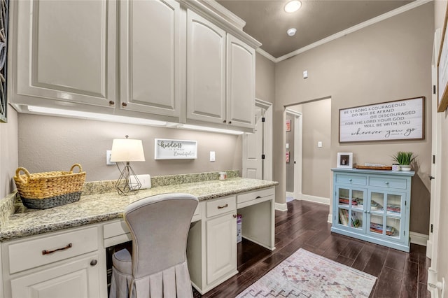 124 Oakvista Dr, Aledo, TX 76008 - office featuring built in desk, crown molding, dark wood-style floors, baseboards, and recessed lighting