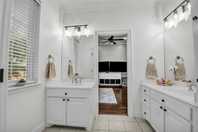 124 Oakvista Dr, Aledo, TX 76008 - full bath featuring two vanities, a ceiling fan, crown molding, baseboards, and tile patterned floors