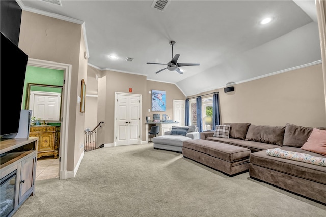 124 Oakvista Dr, Aledo, TX 76008 - living area featuring light carpet, a ceiling fan, baseboards, ornamental molding, and recessed lighting