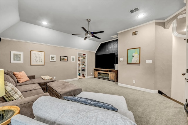 124 Oakvista Dr, Aledo, TX 76008 - carpeted living area with lofted ceiling, a ceiling fan, baseboards, crown molding, and recessed lighting