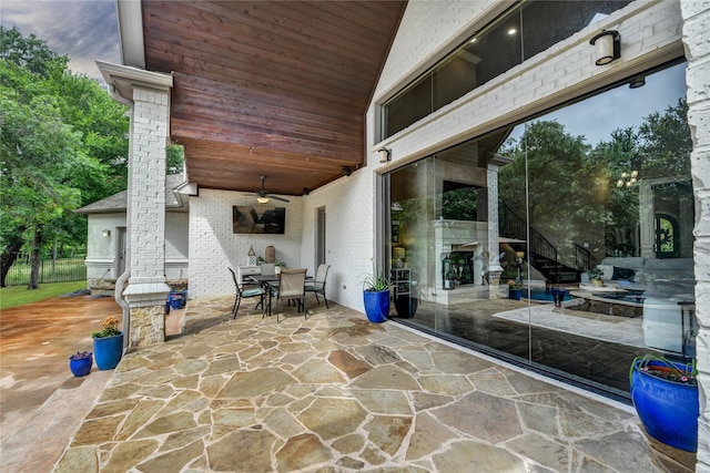 124 Oakvista Dr, Aledo, TX 76008 - view of patio featuring outdoor dining space, a ceiling fan, and stairs