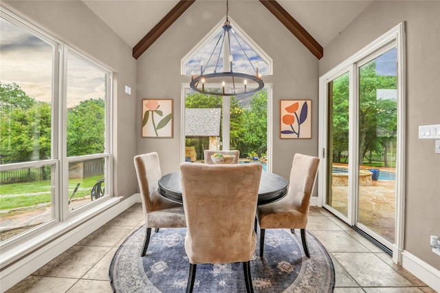 124 Oakvista Dr, Aledo, TX 76008 - dining space featuring beam ceiling, a chandelier, baseboards, light tile patterned flooring, and high vaulted ceiling