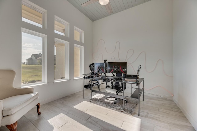 467 Red Bird Dr, Springtown, TX 76082 - office space with baseboards, lofted ceiling, a ceiling fan, wood finished floors, and wooden ceiling