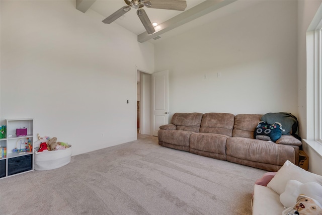 467 Red Bird Dr, Springtown, TX 76082 - living room featuring carpet floors, beamed ceiling, ceiling fan, and high vaulted ceiling