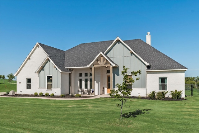 467 Red Bird Dr, Springtown, TX 76082 - modern farmhouse with board and batten siding, a shingled roof, a chimney, brick siding, and a patio