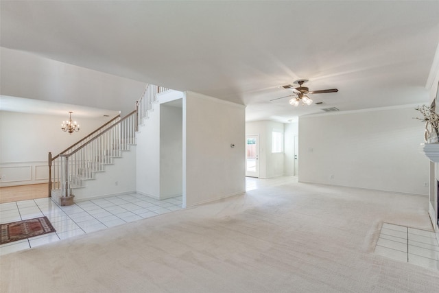 4136 Timberglen Rd, Dallas, TX 75287 - unfurnished living room featuring stairway, ceiling fan, a chandelier, light carpet, and a fireplace