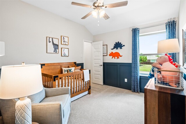 300 Thorn Creek Dr, Anna, TX 75409 - carpeted bedroom with lofted ceiling, a wainscoted wall, and a ceiling fan