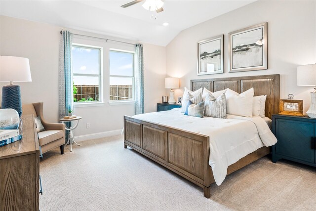 300 Thorn Creek Dr, Anna, TX 75409 - bedroom with baseboards, vaulted ceiling, light colored carpet, and a ceiling fan