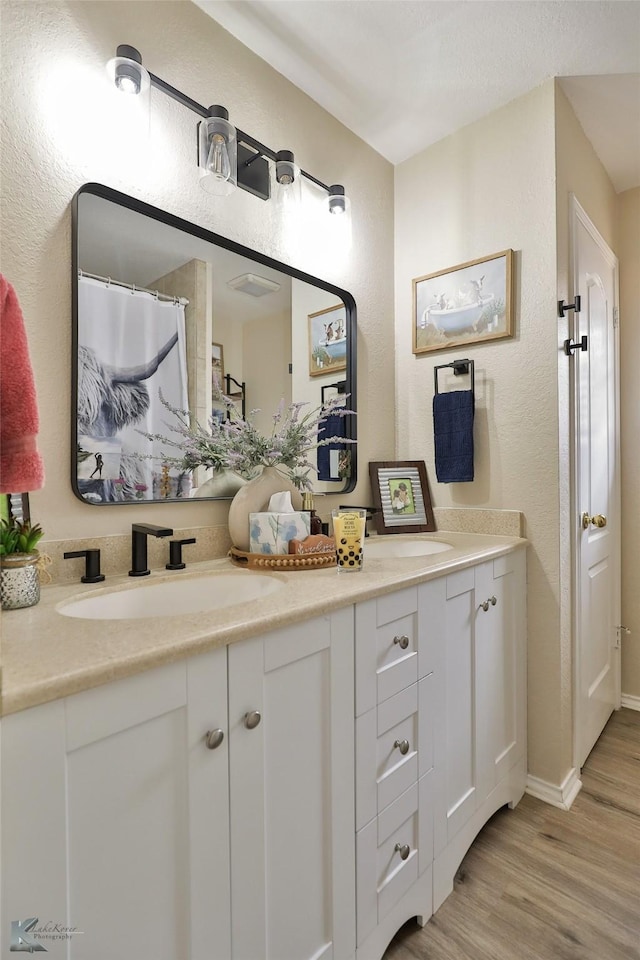 5249 Western Plains Ave, Abilene, TX 79606 - full bath with wood finished floors, double vanity, a textured wall, baseboards, and a shower with shower curtain