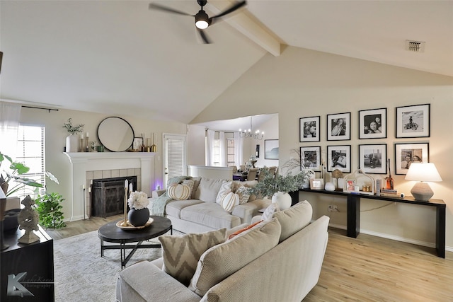 5249 Western Plains Ave, Abilene, TX 79606 - living area with ceiling fan, a chandelier, beam ceiling, a tile fireplace, and healthy amount of natural light