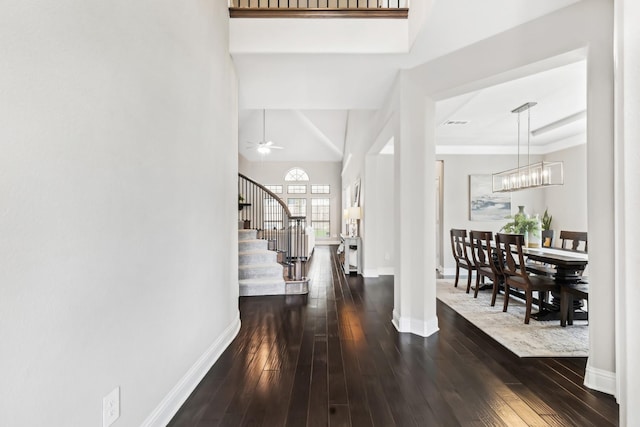 639 Cirrus Ln, Fate, TX 75087 - foyer with stairway, baseboards, dark wood finished floors, and ceiling fan