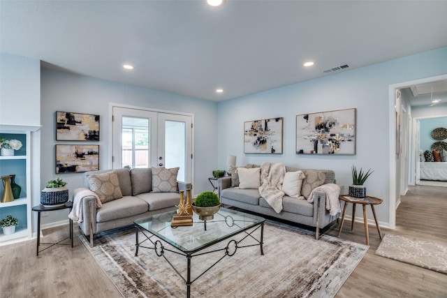 2335 San Paula Ave, Dallas, TX 75228 - living area featuring attic access, wood finished floors, baseboards, french doors, and recessed lighting