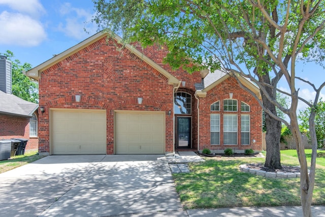 4504 Angelina Way, Fort Worth, TX 76137 - traditional home featuring brick siding, driveway, a front yard, and central air condition unit