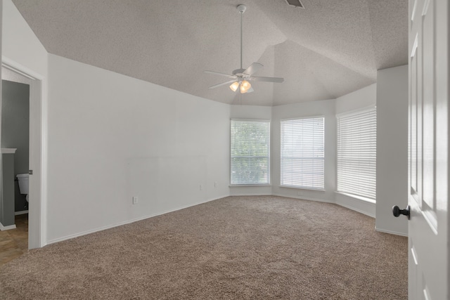 4504 Angelina Way, Fort Worth, TX 76137 - carpeted empty room featuring a textured ceiling, a ceiling fan, lofted ceiling, and baseboards