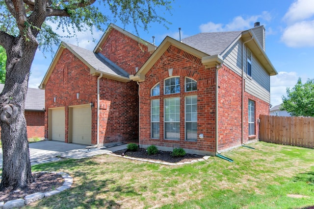 4504 Angelina Way, Fort Worth, TX 76137 - traditional-style home with brick siding, concrete driveway, a chimney, an attached garage, and a shingled roof