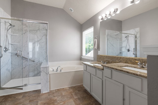 4504 Angelina Way, Fort Worth, TX 76137 - full bathroom with vaulted ceiling, a garden tub, a marble finish shower, and double vanity