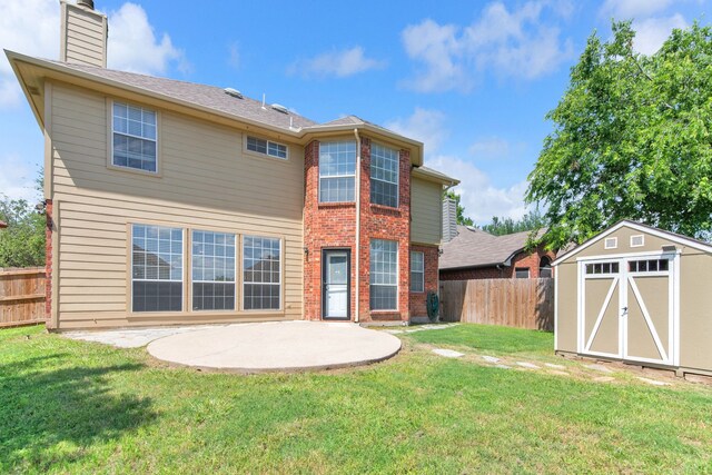 4504 Angelina Way, Fort Worth, TX 76137 - rear view of house featuring a patio, brick siding, a storage unit, a chimney, and an outdoor structure