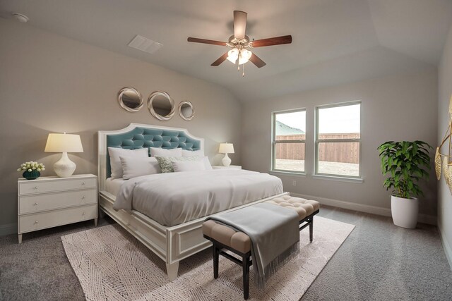 3750 Pinyon Pine Way, Venus, TX 76084 - bedroom with carpet, baseboards, vaulted ceiling, and a ceiling fan