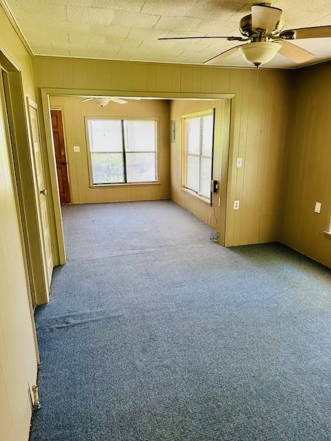 unfurnished room featuring a ceiling fan and carpet flooring
