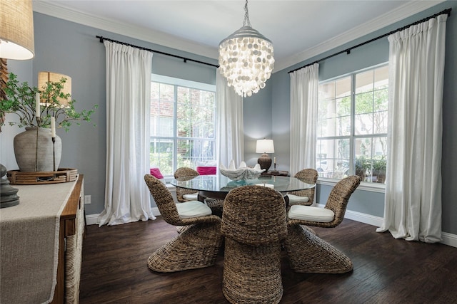 1217 Waterford Way, Allen, TX 75013 - dining room featuring baseboards, plenty of natural light, a chandelier, crown molding, and dark wood-style floors