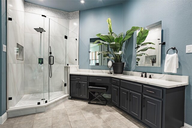 1217 Waterford Way, Allen, TX 75013 - full bathroom featuring a stall shower, tile patterned flooring, vanity, a textured wall, and recessed lighting