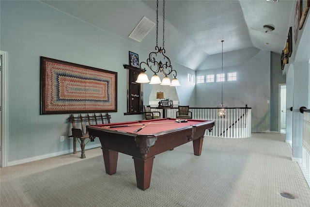 1217 Waterford Way, Allen, TX 75013 - recreation room with carpet flooring, baseboards, a chandelier, high vaulted ceiling, and billiards